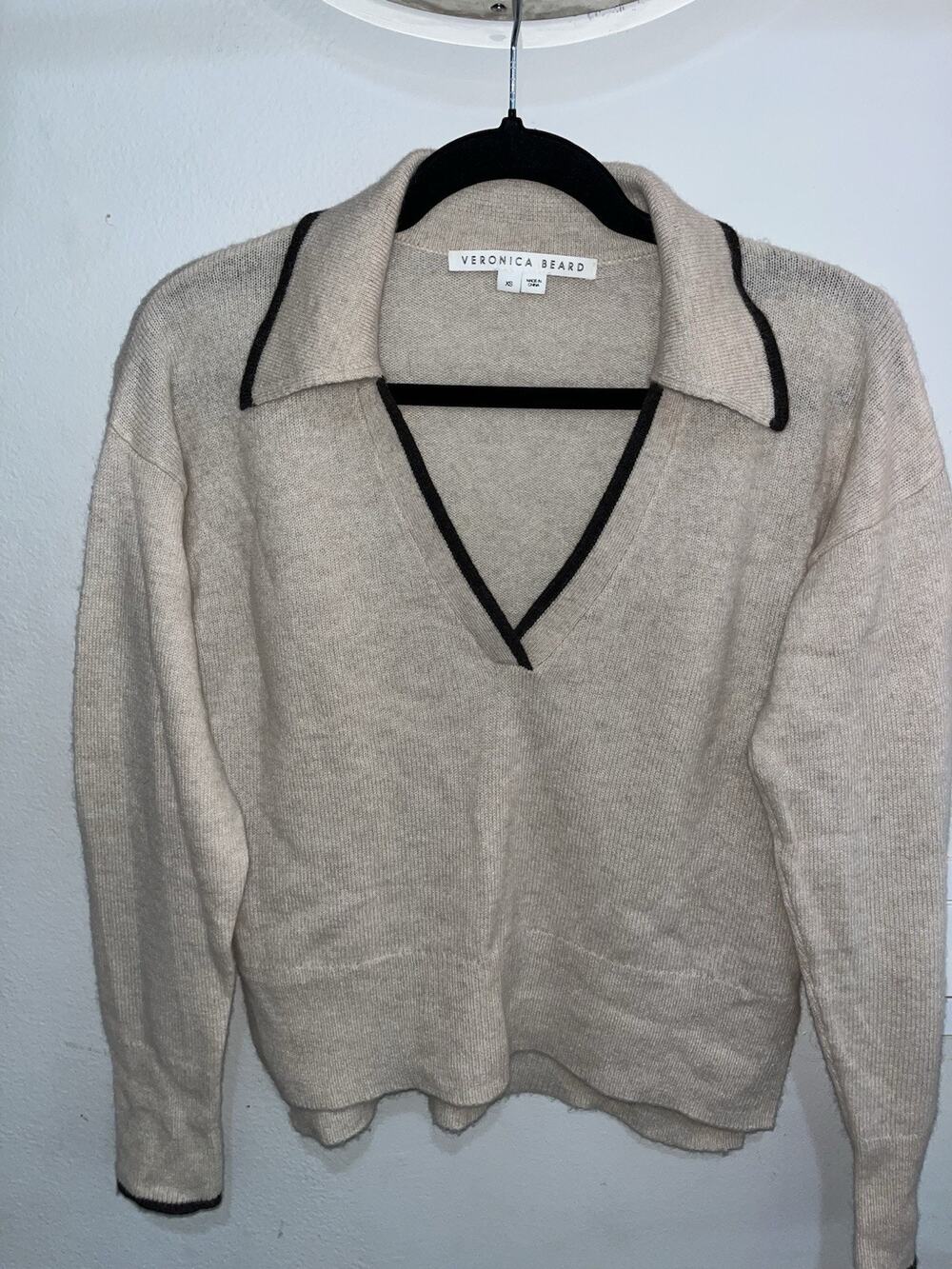 Veronica Beard Koko Cashmere Pullover Sweater Beige Black Trim XS (C)